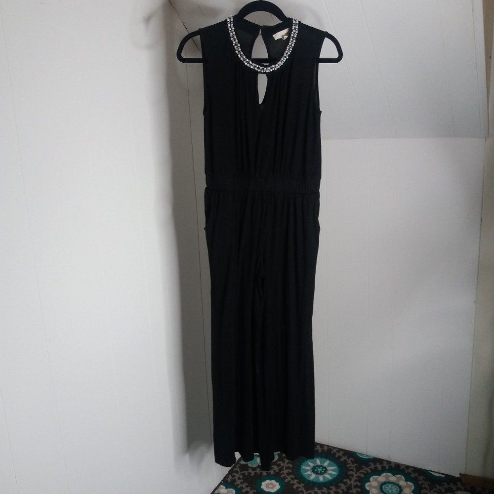 San Souchi Womens Sz L Black One Piece Black Sleeveless Capri Jumper Beaded Neck